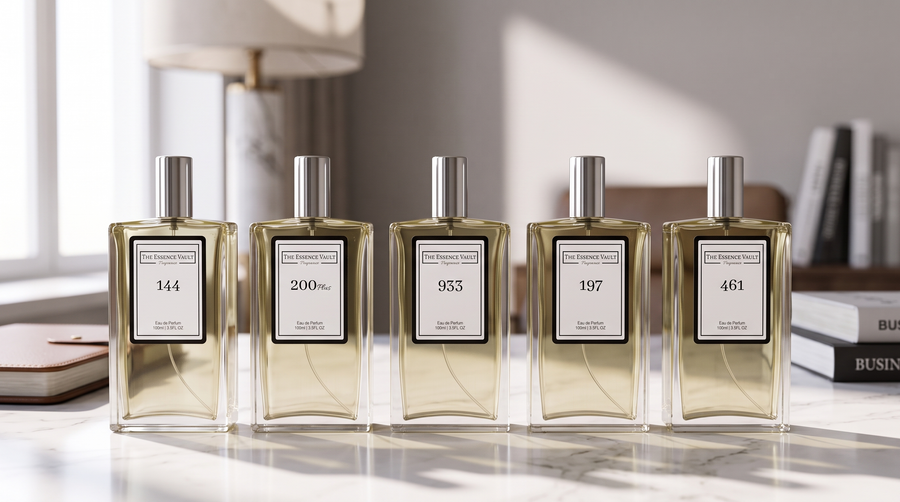 Five TEV perfume bottles on a white marble desk with bright natural daylight and books