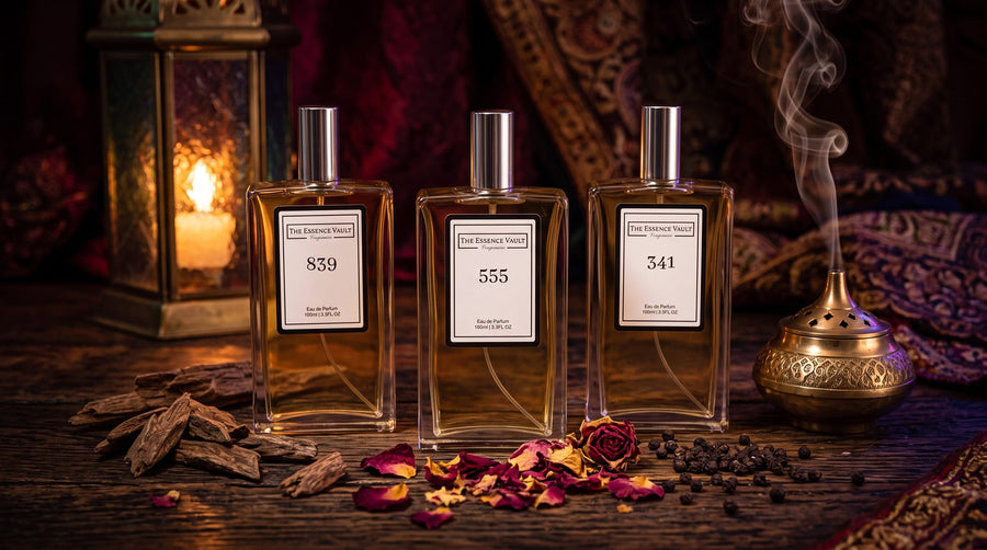Three TEV perfume bottles - No. 839, No. 555, No. 341 - in a Middle Eastern setting with oud chips and incense smoke