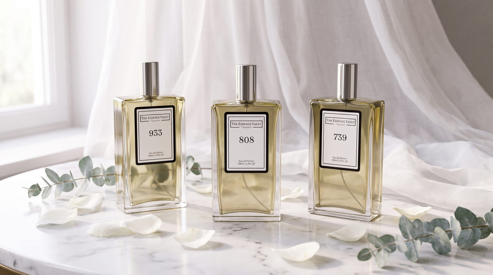 Three TEV perfume bottles - No. 933, No. 808, No. 739 - on white marble with rose petals and eucalyptus