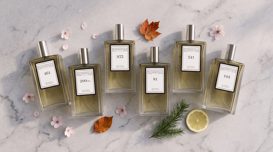 Six TEV perfume bottles with seasonal props on marble - cherry blossom, autumn leaf, pine, lemon