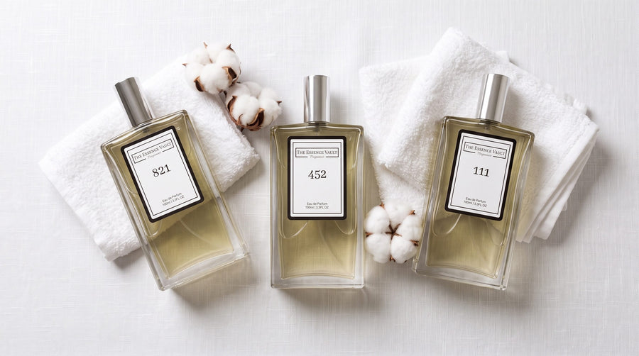 Three TEV perfume bottles - No. 821, No. 452, No. 111 - on white linen with cotton blossoms and soft morning light