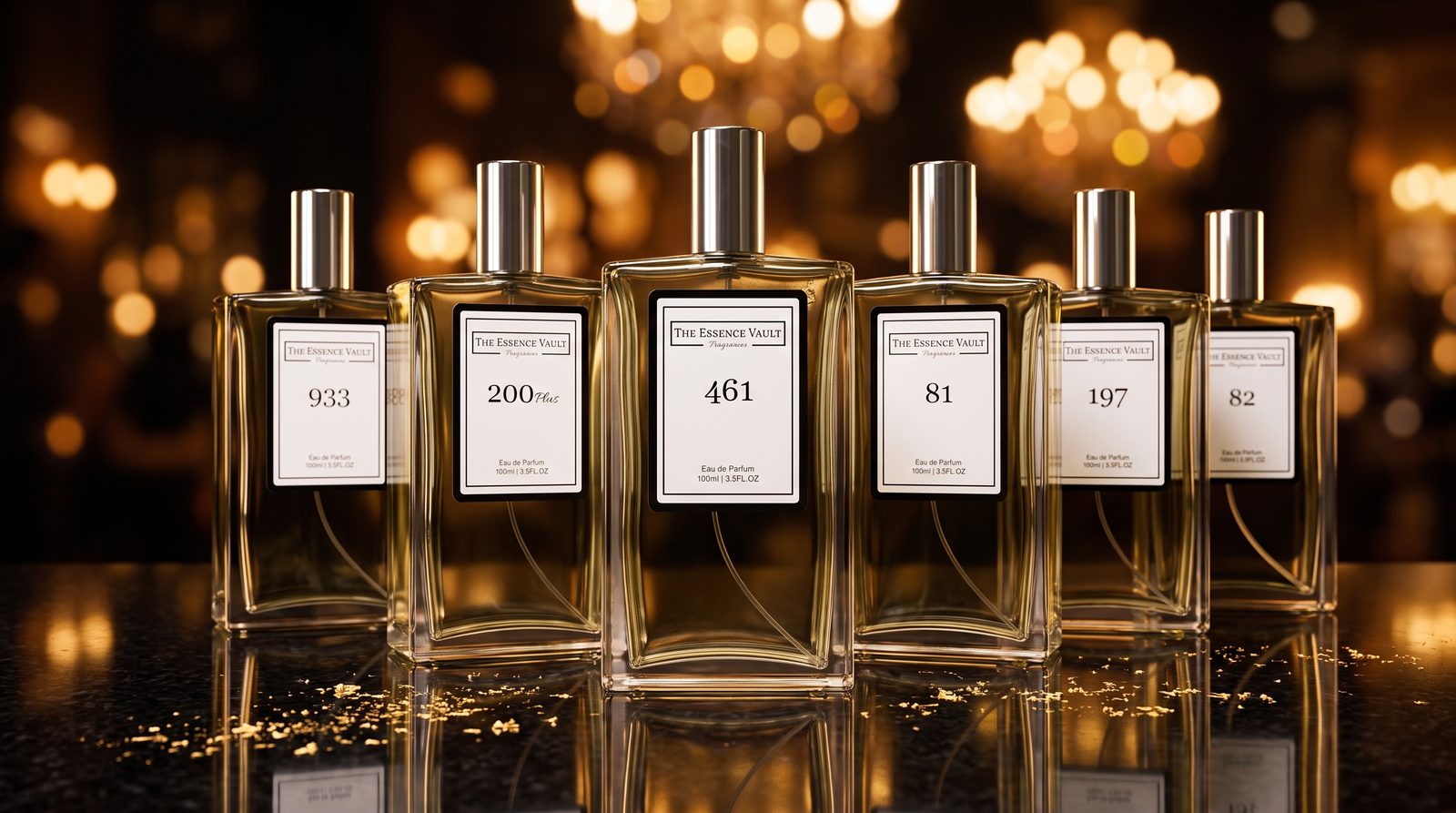 Six TEV perfume bottles on a reflective surface with warm evening bokeh chandelier lighting