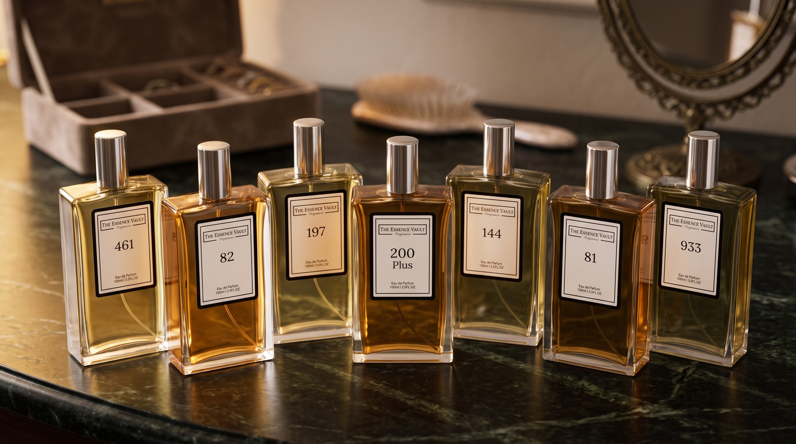 Seven The Essence Vault perfume bottles arranged on a dark marble dressing table