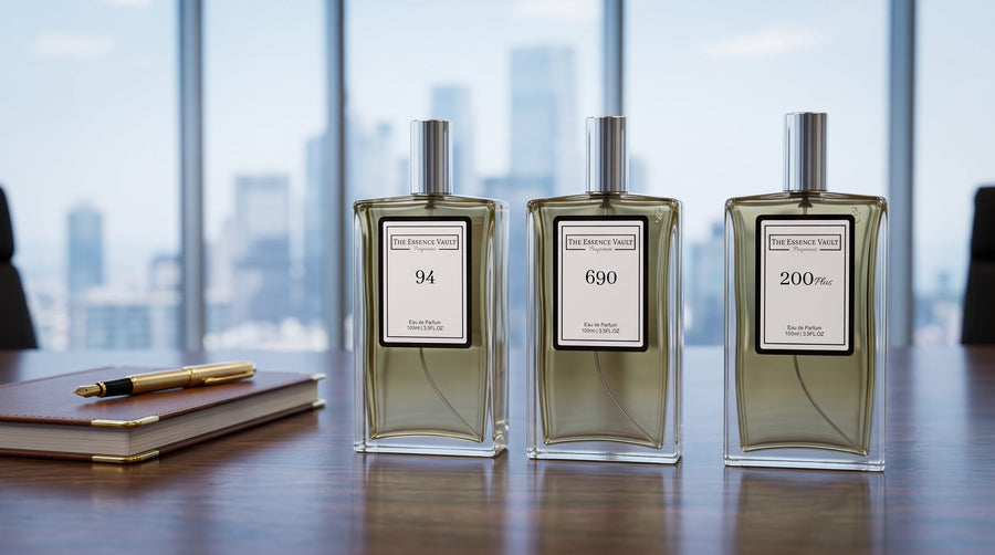 Three TEV perfume bottles - No. 94, No. 690, No. 200 - on a boardroom desk with a city skyline in the background
