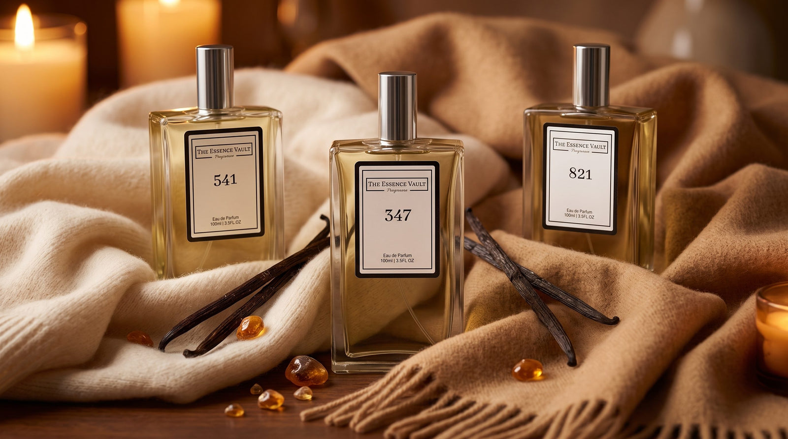 Three TEV perfume bottles - No. 541, No. 347, No. 821 - on cashmere fabric with vanilla pods and amber resin