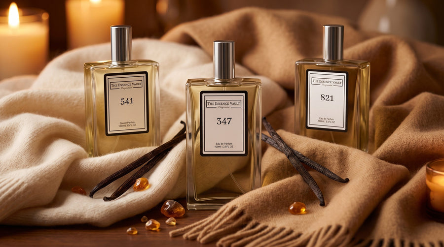 Three TEV perfume bottles - No. 541, No. 347, No. 821 - on cashmere fabric with vanilla pods and amber resin