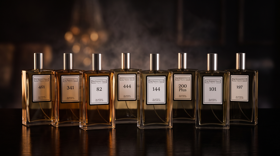 Eight TEV perfume bottles on a dark lacquered surface with dramatic amber lighting