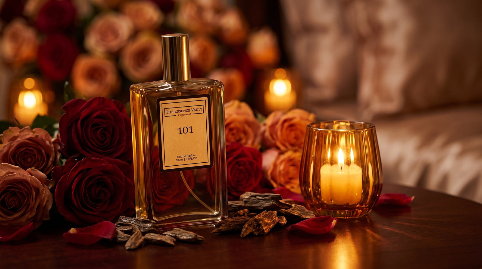 TEV rose and oud perfume bottle candlelight - best perfume for date night