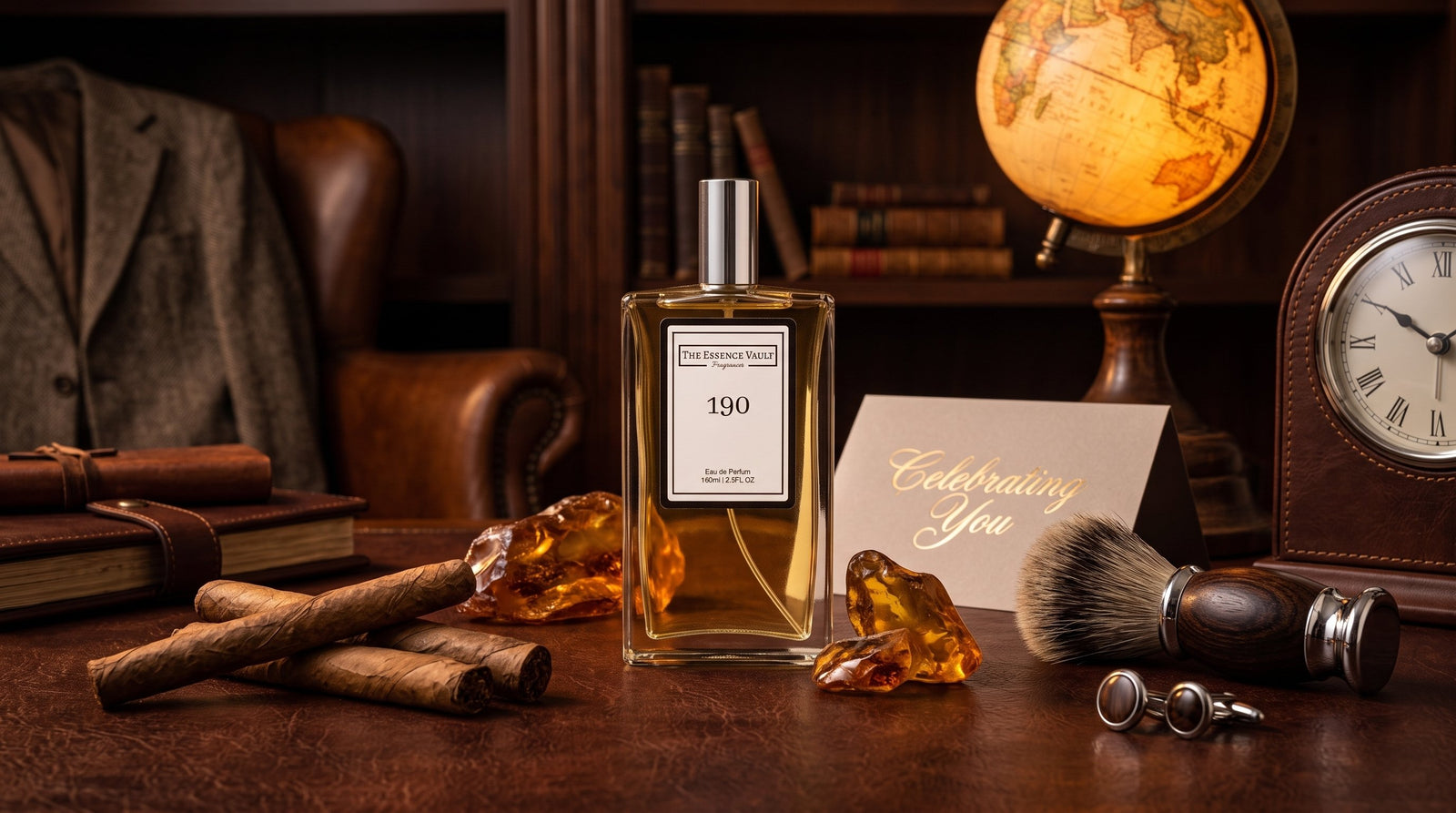 TEV leather fragrance bottle on dark wood - Father's Day gift guide
