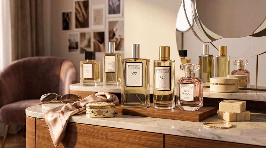 TEV perfume bottle collection on vanity - how to build a perfume wardrobe