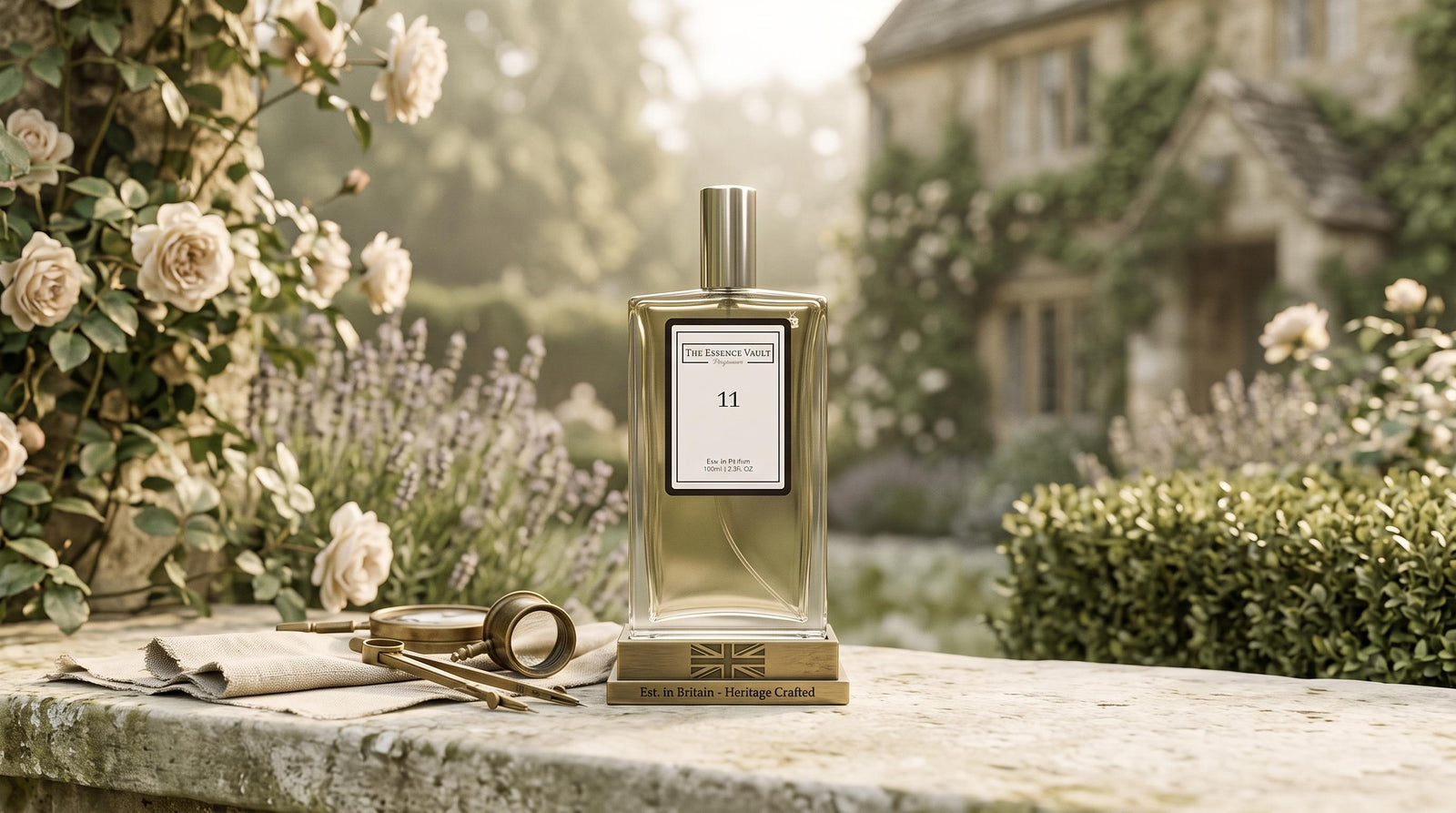 TEV perfume bottle British garden setting - made in the UK fragrances