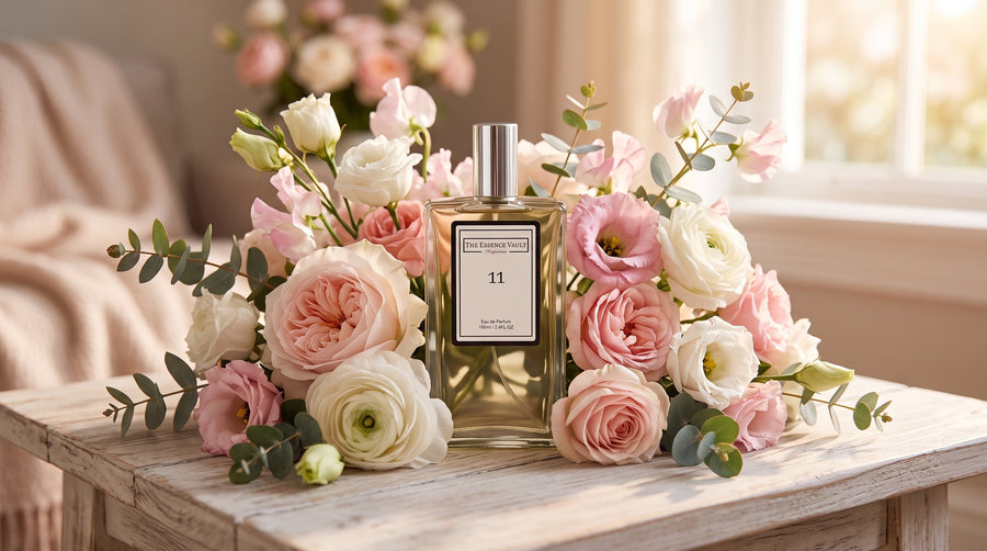 TEV rose perfume bottle with spring flowers - Mother's Day fragrance guide