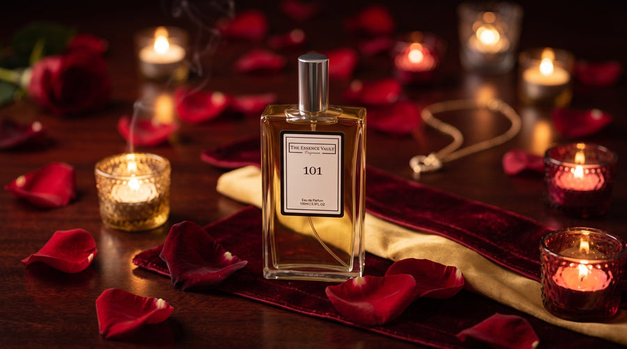 TEV rose and oud perfume bottle with rose petals - Valentine's Day fragrance