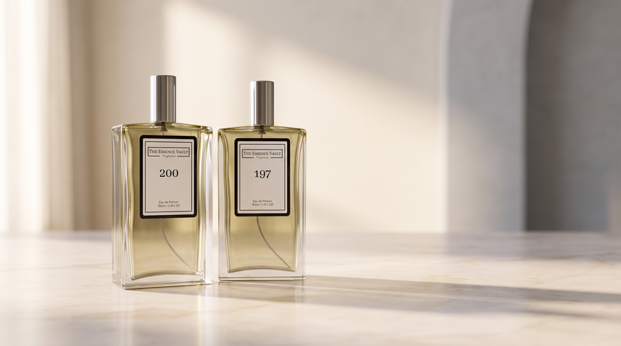 Two The Essence Vault perfume bottles on a marble surface representing choosing fragrance online