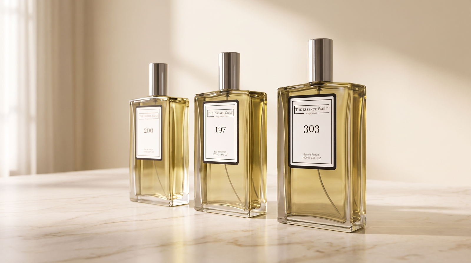Three The Essence Vault perfume bottles on marble representing top, heart and base fragrance notes
