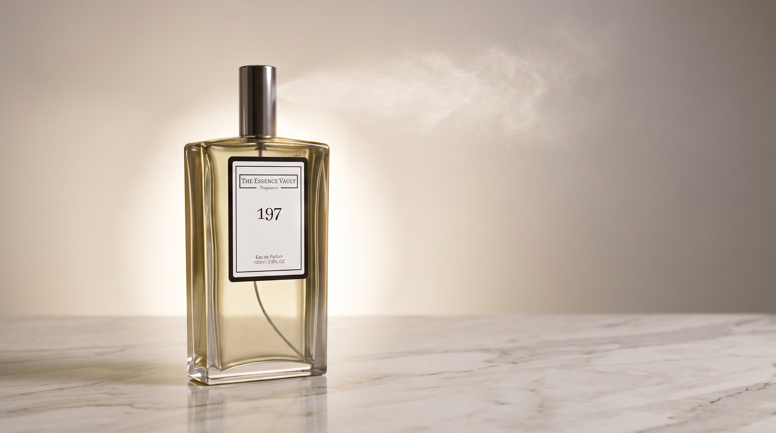 The Essence Vault No.197 perfume bottle on marble with a visible scent trail illustrating sillage