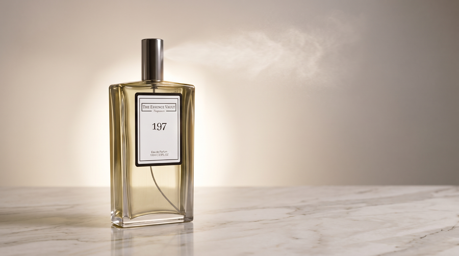 The Essence Vault No.197 perfume bottle on marble with a visible scent trail illustrating sillage
