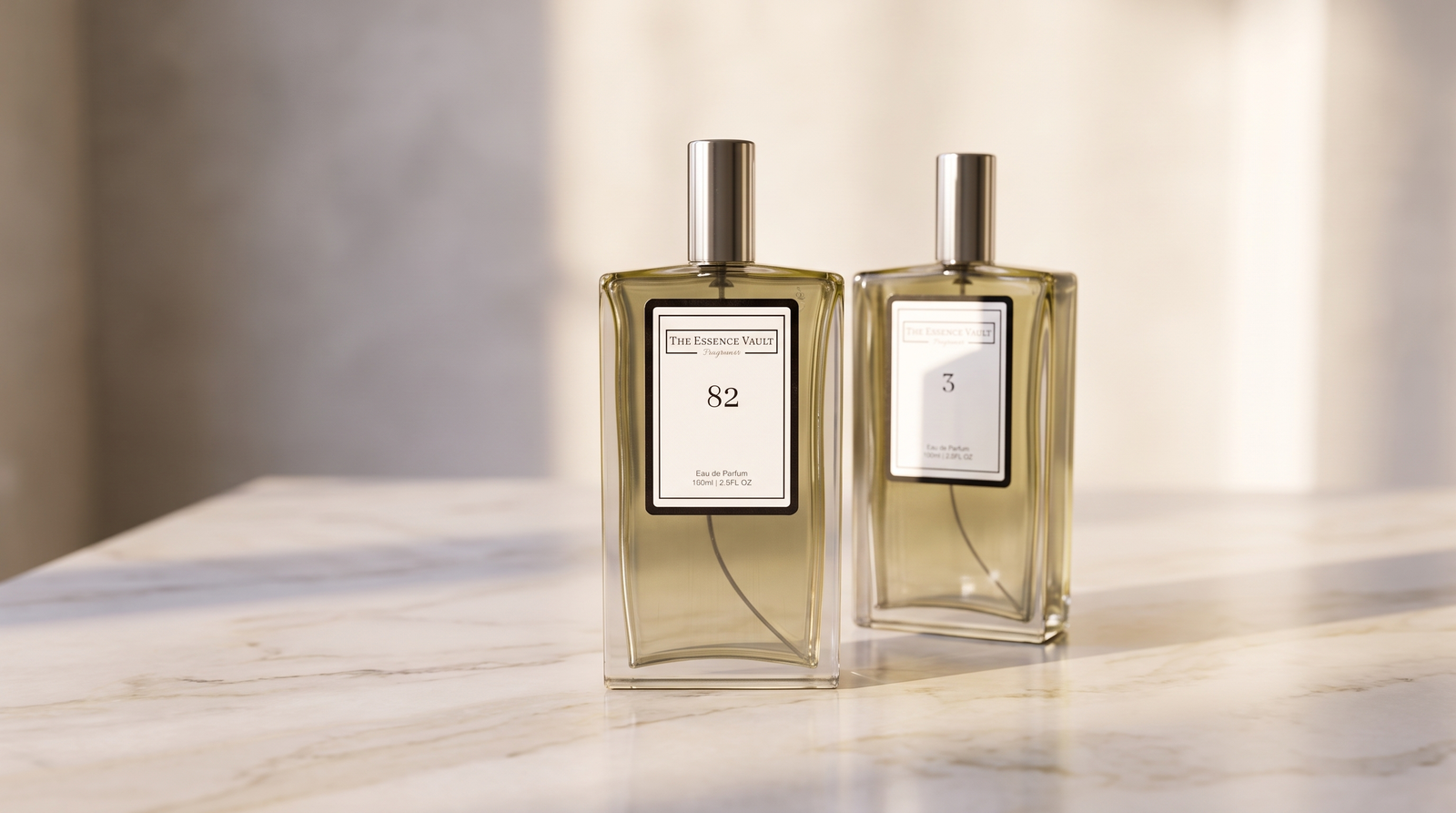 Two The Essence Vault perfume bottles side by side on marble illustrating how skin chemistry affects fragrance