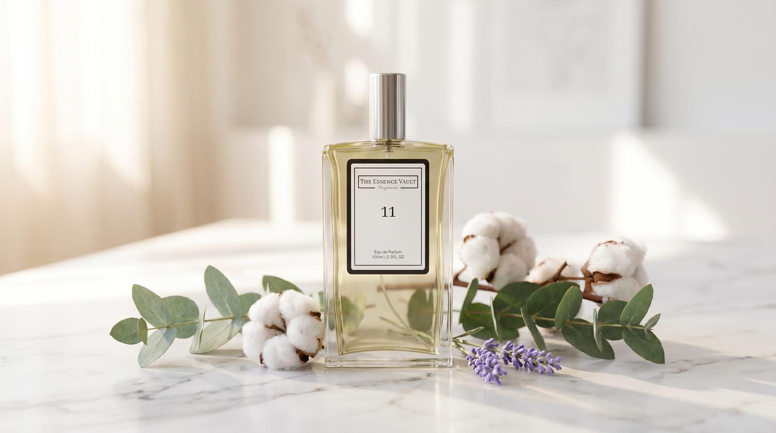 TEV perfume bottle on white marble with fresh botanicals and natural light - clean perfume guide