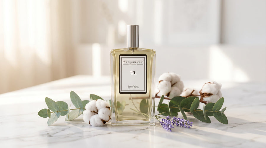 TEV perfume bottle on white marble with fresh botanicals and natural light - clean perfume guide