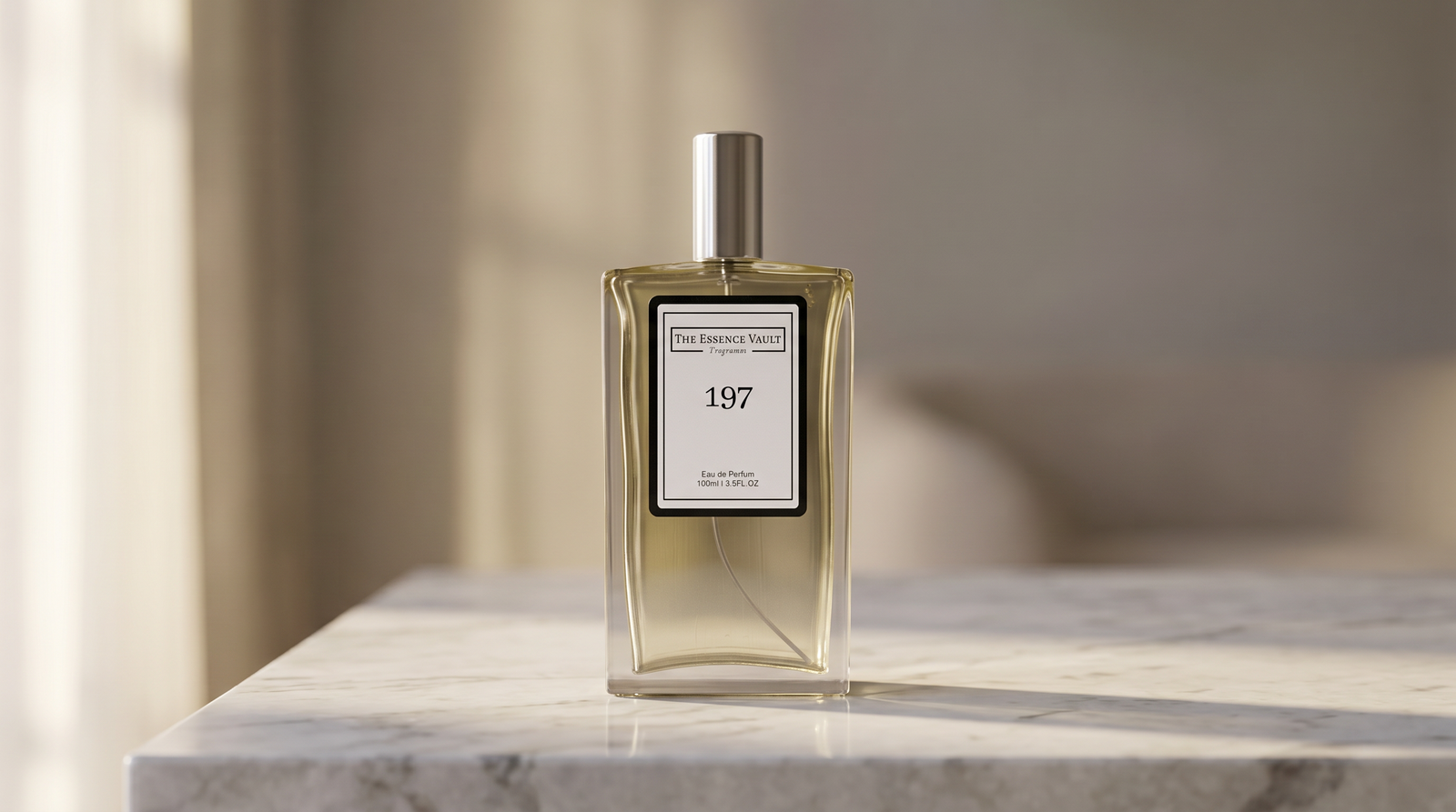 The Essence Vault fragrance bottle on marble surface - beginner's guide to buying perfume
