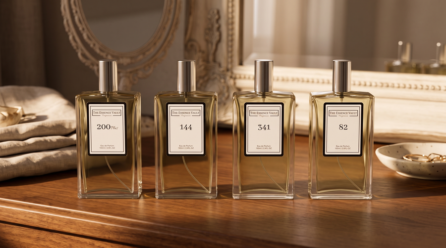Four TEV perfume bottles on a warm wooden dressing table with a vintage ornate mirror