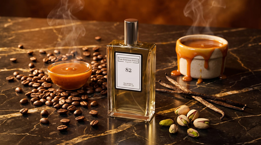 Caramel, coffee beans and pistachio nuts arranged around a TEV perfume bottle on dark marble